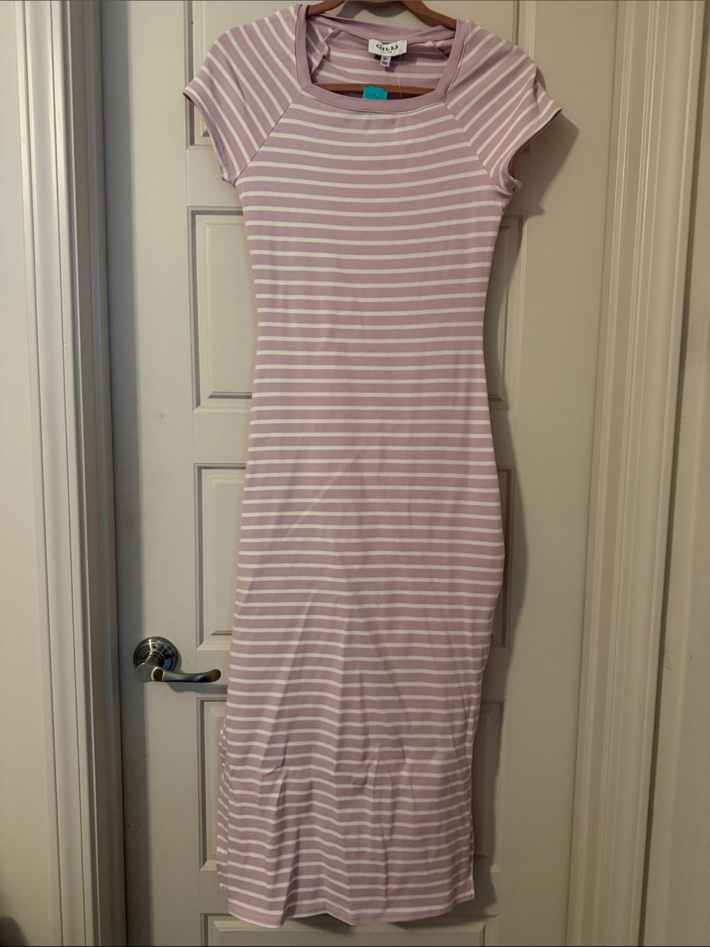 Gilli Lavender and White Striped Cap-Sleeve Midi Dress